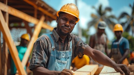 An African male carpenter in overalls and a hard hat, working on the construction of a wooden framed house with other workers behind him.