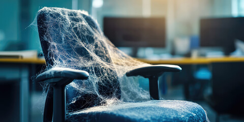 Office chair covered with cobwebs on simple background with copy space. Creative concept of transition to remote work, emptying offices