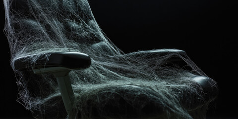 Office chair covered with cobwebs on simple background with copy space. Creative concept of transition to remote work, emptying offices