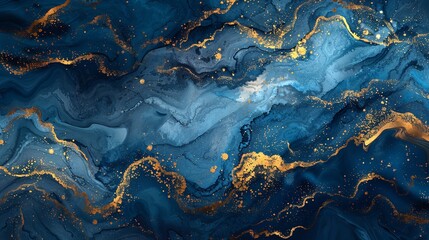 Fototapeta premium Blue Marble with Gold Splashes: Luxurious Abstract Texture Background
