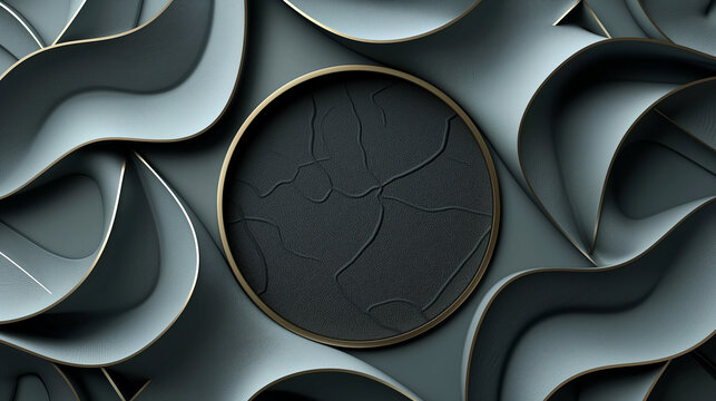 A black and gold circle is surrounded by a series of curved lines