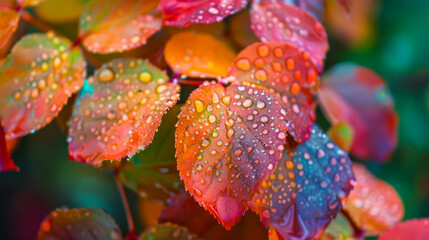 Dew-covered Autumn Leaves with Vivid Colors. colorful autumn leaves covered in morning dew. Vibrant hues of red, orange, and yellow are accentuated by droplets, creating a fresh and serene atmosphere.