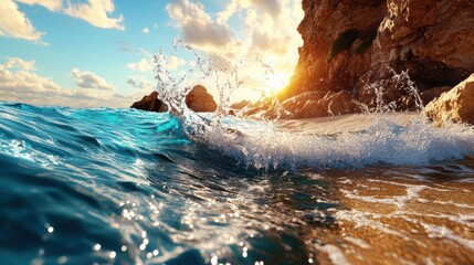 Ocean Waves Crashing on a Rocky Shoreline at Sunset.