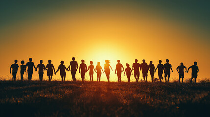 Fototapeta premium Silhouettes of people running towards sunset, feeling of freedom.