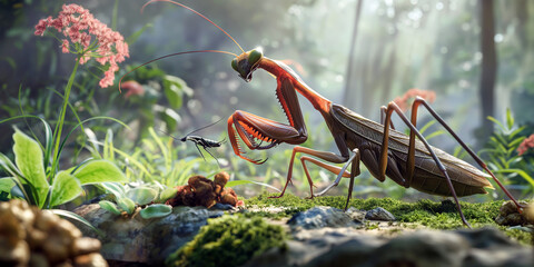 Praying mantis capturing prey, displaying its powerful and swift hunting skills in a dynamic outdoor scene with detailed vegetation.