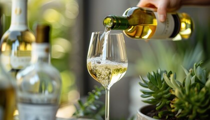 Sommelier pouring white wine from bottle into glass on blurred background