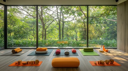 Contemporary yoga room featuring a full array of equipment, a glass wall offering a peaceful outdoor view, and neatly organized yoga mats, blocks, straps, and bolsters ready for use