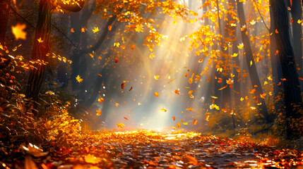 Naklejka premium A serene autumn landscape with a path covered in golden leaves. The forest is illuminated by the soft rays of the sun, with leaves gently falling, creating a magical atmosphere.