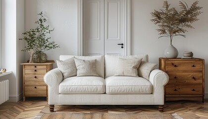 Fototapeta premium Elegant living room with white sofa, wooden furniture and dried plants creating cozy atmosphere