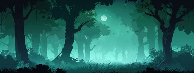 Fototapeta premium Green cartoon forest background, dark, simple
