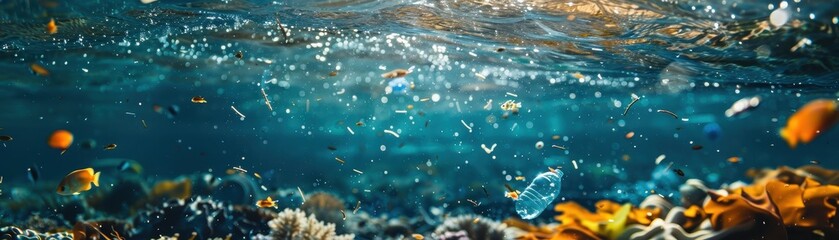 A blue ocean with trash floating in it