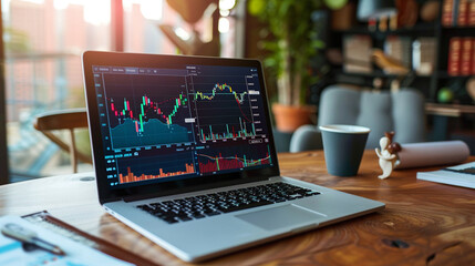 A sophisticated desk setup with a laptop displaying an investment portfolio dashboard, stock market graphs, and news feeds.