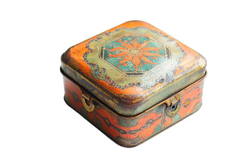 An antique decorated metal box with intricate designs, perfect for storage or decoration, adding vintage charm to any setting.