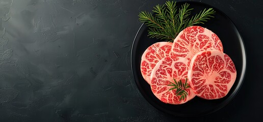 Raw Wagyu beef short rib slices on a black plate, ready for grilling. Top view with copy space.