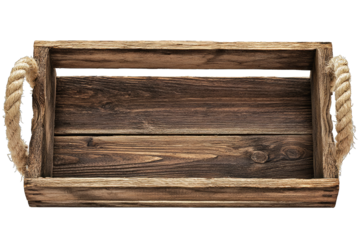 Rustic wooden tray with rope handles, perfect for decor or serving essentials in a cozy home environment.