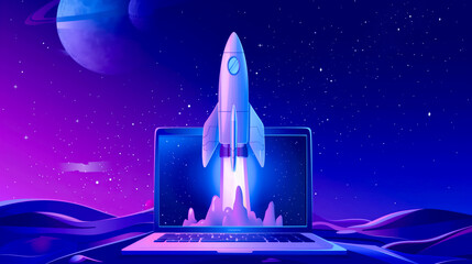 Fototapeta premium A space rocket launching from a laptop screen set against a starry background, symbolizing innovation and the limitless possibilities of technology and creativity in the digital age.