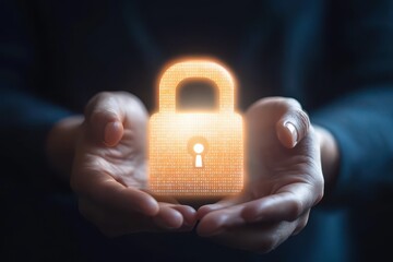 Hands holding a glowing padlock with binary code background, VPN, privacy safety,copy space, focus cover all object, deep dept of field