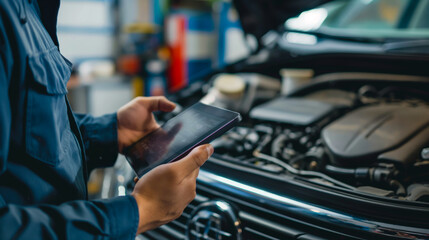A mechanic in a workshop uses a digital tablet to perform car diagnostics. The image highlights the integration of technology in automotive maintenance and modern repair processes.