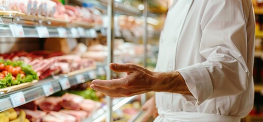 A butcher is presenting a selection of fresh meat in a refrigerated display case at a butcher shop or supermarket.