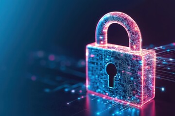 Digital padlock with encrypted data streams flowing, VPN, privacy safety,copy space, focus cover all object, deep dept of field