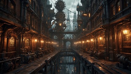 Naklejka premium A steampunk cityscape with massive gears and intertwining pipes, featuring Victorian-style buildings.