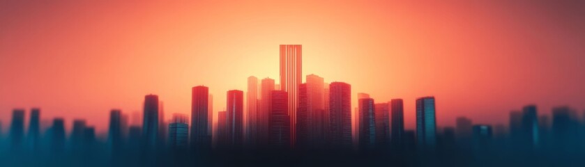 Obraz premium A stunning city skyline at sunset, showcasing silhouettes of skyscrapers against a vibrant orange and blue sky.