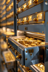 Safe deposit boxes in a bank vault, with one box pulled out and open, revealing valuable contents inside.