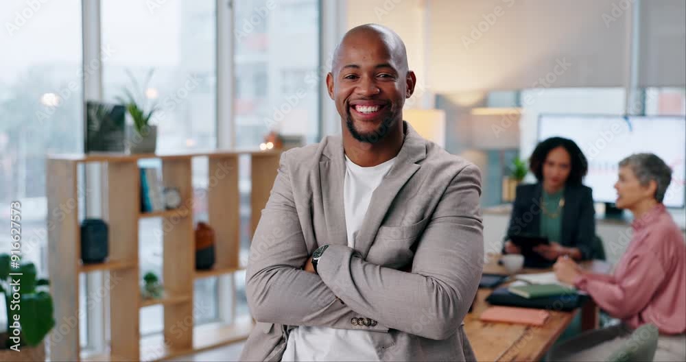 Poster Creative business, office and businessman face with smile at meeting or workshop for collaboration, planning and performance. Team leader, arms crossed and coworking with happy man in design agency