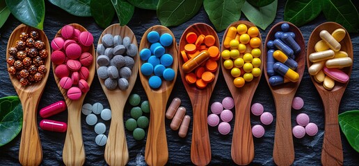 Obraz premium Variety of colorful medicine pills and capsules in wooden spoons. Supplements and vitamins for health. Top view.