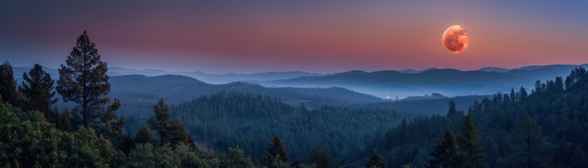 Obraz premium A large red moon is rising over a forested mountain range