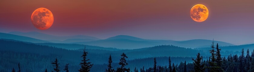Obraz premium Two large red moons are in the sky above a mountain range
