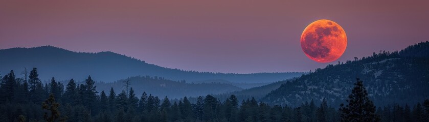 A large red moon is rising over a mountain range