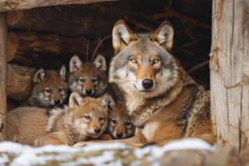 Fototapeta premium A mother wolf and her six pups are huddled together in a den