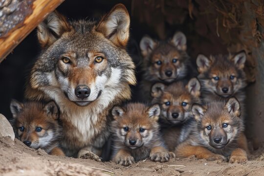A mother wolf and her six pups are huddled together in a den