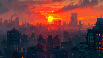 Fototapeta premium Vibrant Cityscape at Sunset. A dynamic sunset over a bustling city skyline, with glowing hues of orange and red reflecting off buildings and clouds.