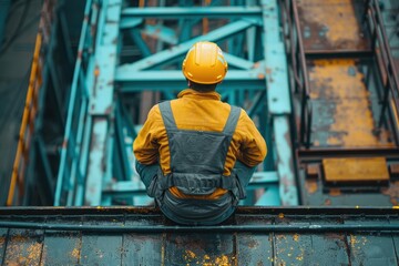 A man in a yellow jacket sits on a rail