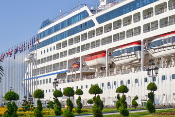 tourist liner in the port. Big tourist ship