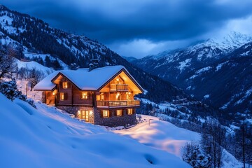 Fototapeta premium A cozy wooden chalet illuminated at dusk, surrounded by snow-covered mountains.