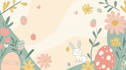 A soft-colored and simple Easter-themed background, with space for text or images, featuring pastel hues and inviting elements like Easter eggs, flowers, and bunnies, perfect for adding personal messa
