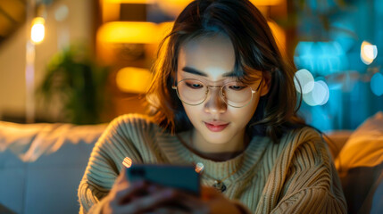 Young woman browsing smartphone. Young woman with glasses sits in a dimly lit room, focused on her smartphone. Soft lighting and her concentrated expression highlight importance of safe online habits.