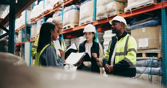 Tablet, teamwork and business people in warehouse with paperwork, planning and discussion in meeting. Factory, men and women as managers with document, inspection and checklist for stock inventory