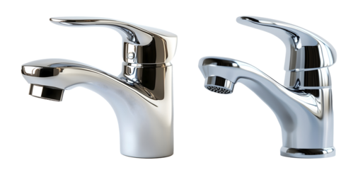 Modern faucet with chrome finish isolated against white background, transparent PNG