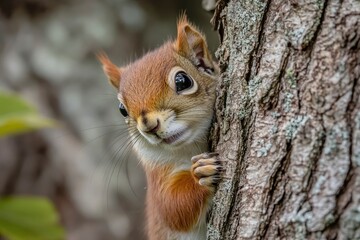 Obraz premium Curious red squirrel peeking behind the tree trunk, ai