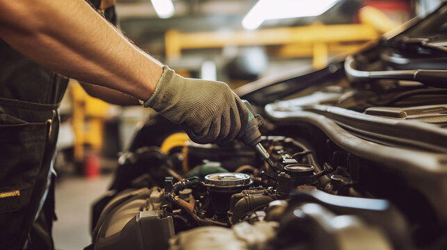 A mechanic working on a car. mechanic car repair garage tools automotive workshop professional engine maintenance.