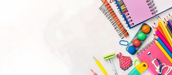 Pristine white background featuring vibrant school supplies on the right side in a flat lay, top view style. Great for back to school designs.