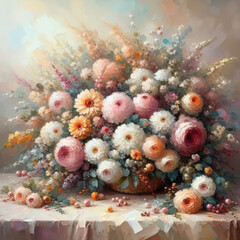 Magnificent oil paint still life with bouquet of different flowers