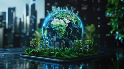 A digital tablet displaying an interactive holographic globe with cityscape and greenery, surrounded by virtual buildings representing eco-friendly architecture