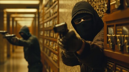 Masked robbers aim guns while executing a heist in a bank vault filled with safety deposit boxes