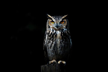 Obraz premium A close up of a european eagle owl perched on a post and staring forward. Taken against a dark background the eyes are penetrating the viewer, ai