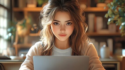 Detailed illustration of a female student working on her laptop in a spacious coworking space, wide-angle half-body front view, with her eyes meeting the camera, showcasing the modern and